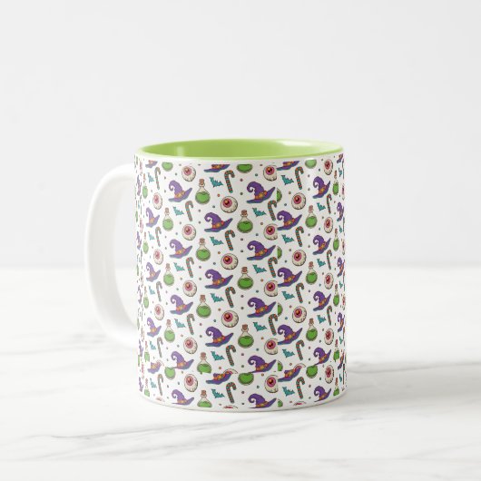 おもしろいパープルハロウィーン、グリーン魔法ウィッチーボトル ツートーンマグカップ (正面左)