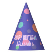 おもしろいパープルパーティーハットとカラフル水玉模様 パーティーハット (正面)