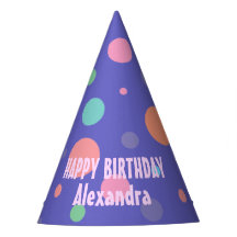 おもしろいパープルパーティーハットとカラフル水玉模様