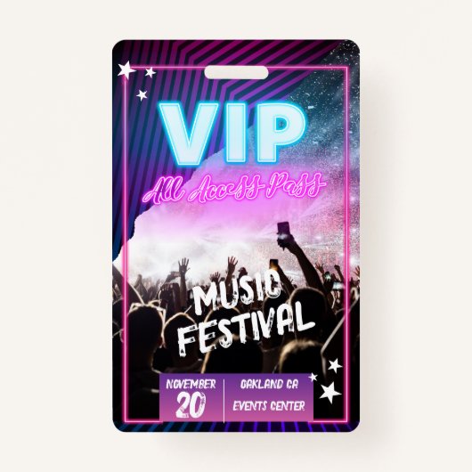 おもしろいパープルピンクネオンVIPオールアクセスパスコンサート バッジ (正面)