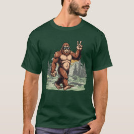 おもしろいビッグフット サングラスをかけた森林デザイン Tシャツ