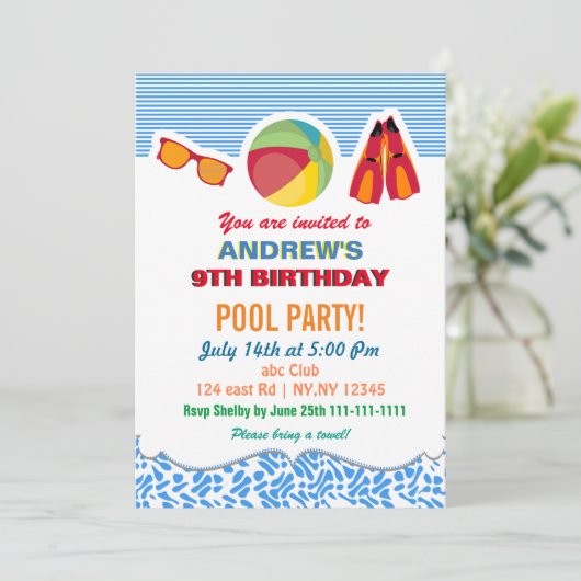 おもしろいビーチボールフリッパーズボーイズプールパーティの招待状 招待状 (スタンド正面)