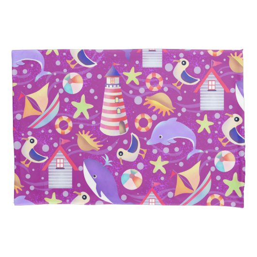 おもしろいビーチマゼンタ 枕カバー (正面)