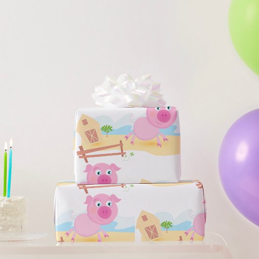 おもしろいピグオンファームとフェンス ラッピングペーパー