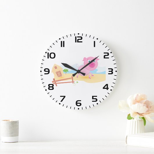 おもしろいピグオンファームとフェンス ラージ壁時計