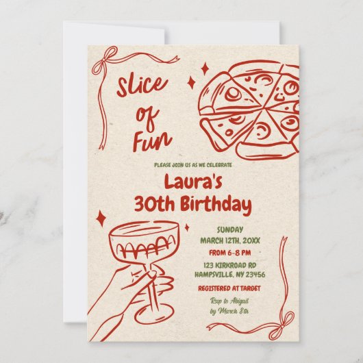 おもしろいピザとワイン大人誕生日のスライス 招待状 (正面)