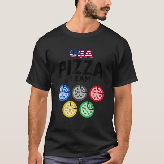おもしろいピザアメリカ食べチーム5色リングや輪国旗 Tシャツ (正面)