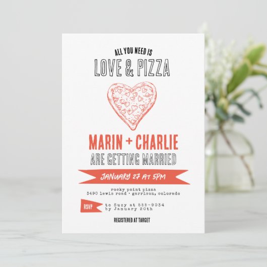 おもしろいピザカップルブライダルシャワー婚約パーティ 招待状 (スタンド正面)