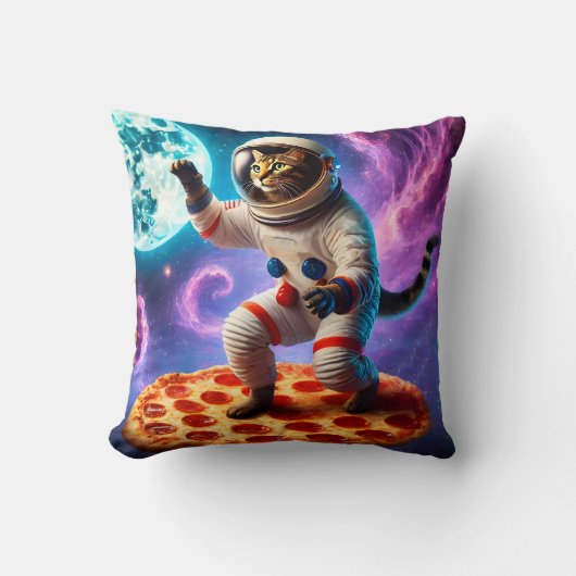 おもしろいピザ飛んでいるの宇宙飛行士子猫宇宙 クッション (正面)