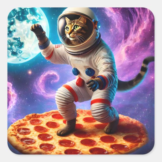 おもしろいピザ飛んでいるの宇宙飛行士子猫宇宙 スクエアシール (正面)