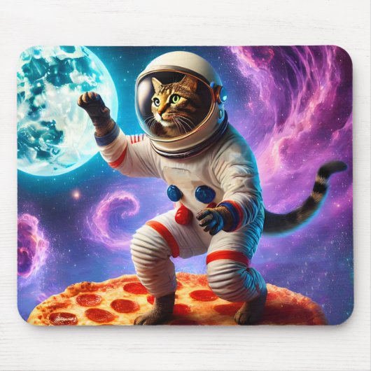 おもしろいピザ飛んでいるの宇宙飛行士子猫宇宙 マウスパッド (正面)