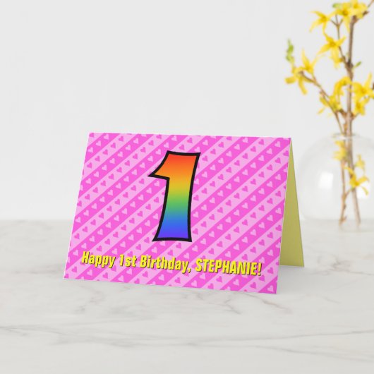 おもしろいピストライプンクハート、レインボー# 1歳の誕生日 カード (黄色い花)