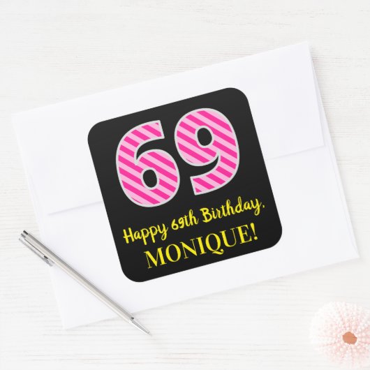 おもしろいピストライプンク誕生日"69":ハッピー69+名前 スクエアシール (封筒)
