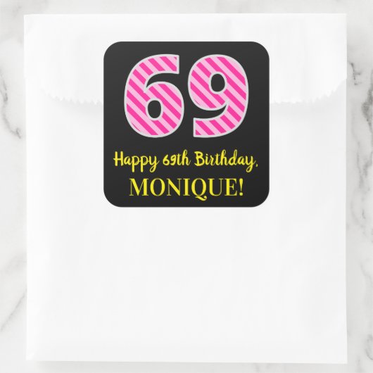 おもしろいピストライプンク誕生日"69":ハッピー69+名前 スクエアシール (バッグ)