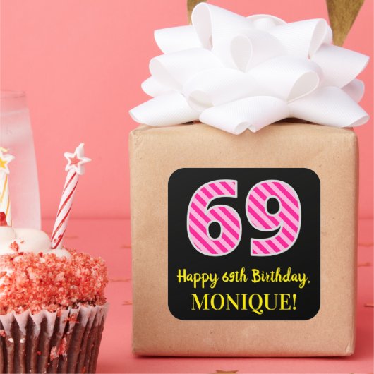 おもしろいピストライプンク誕生日"69":ハッピー69+名前 スクエアシール (パーティー)