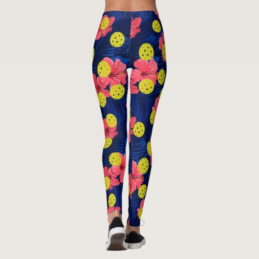 おもしろいピックルボールトロピカルレッドハイビスカスフラワースポーツ レギンス (裏面)