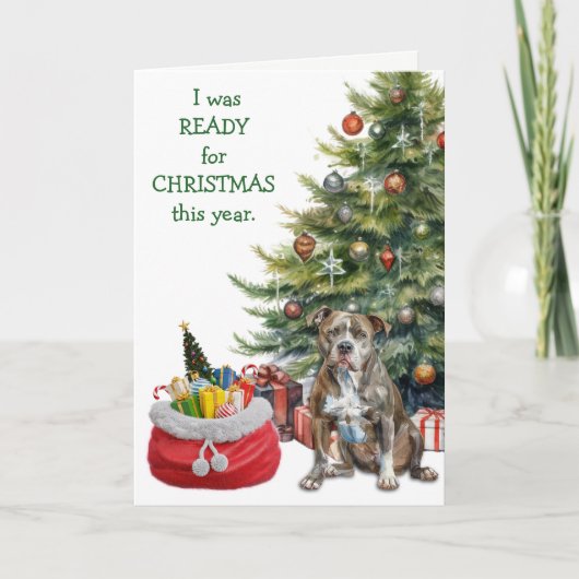 おもしろいピットブルの準備ができたクリスマス犬 シーズンカード (正面)