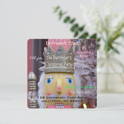 おもしろいピンクくるみ割りキュートなクリスマスパーティー 招待状 (スタンド正面)