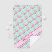 おもしろいピンクとグリーンのゴルフカートパーソナライズされた名 ゴルフタオル (インサイチュ)