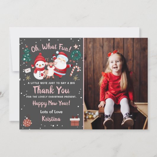 おもしろいピンクとブラックのクリスマスパーティーの写真 サンキューカード (正面)