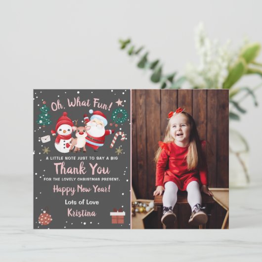 おもしろいピンクとブラックのクリスマスパーティーの写真 サンキューカード (スタンド正面)