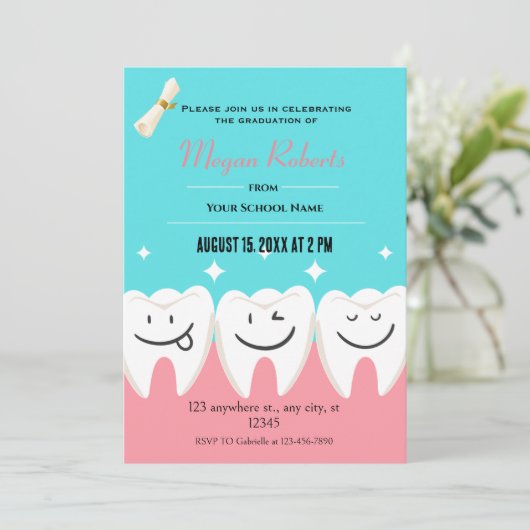 おもしろいピンクとブルーの歯の歯科の卒業 招待状 (スタンド正面)