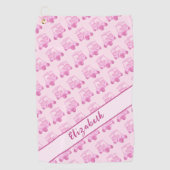 おもしろいピンクと白のゴルフカートパーソナライズされた名 ゴルフタオル (正面)