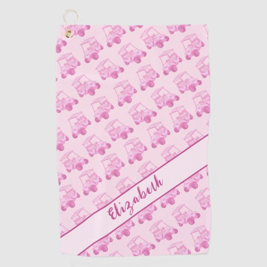 おもしろいピンクと白のゴルフカートパーソナライズされた名 ゴルフタオル (正面)
