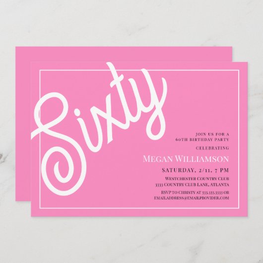 おもしろいピンクと白のスクリプト60誕生日 招待状 (正面/裏面)