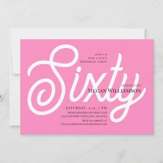 おもしろいピンクと白の書道60誕生日 招待状 (正面)
