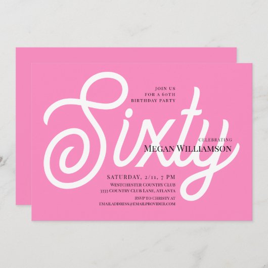 おもしろいピンクと白の書道60誕生日 招待状 (正面/裏面)