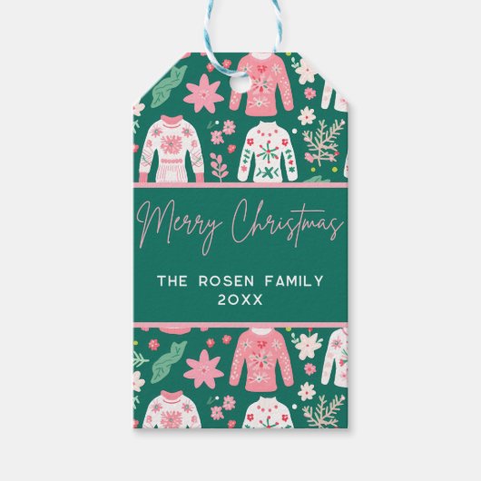 おもしろいピンクと緑の醜いセータークリスマスホリデー ギフトタグ (正面)