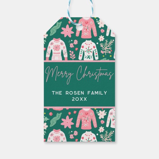 おもしろいピンクと緑の醜いセータークリスマスホリデー ギフトタグ (裏面)