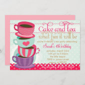 おもしろいピンクと青のかわいいカップティーバースデーパーティー 招待状 (正面/裏面)