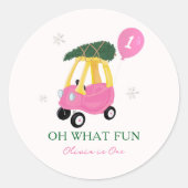 おもしろいピンクのクリスマスの車の1歳の誕生日パーティー ラウンドシール (正面)