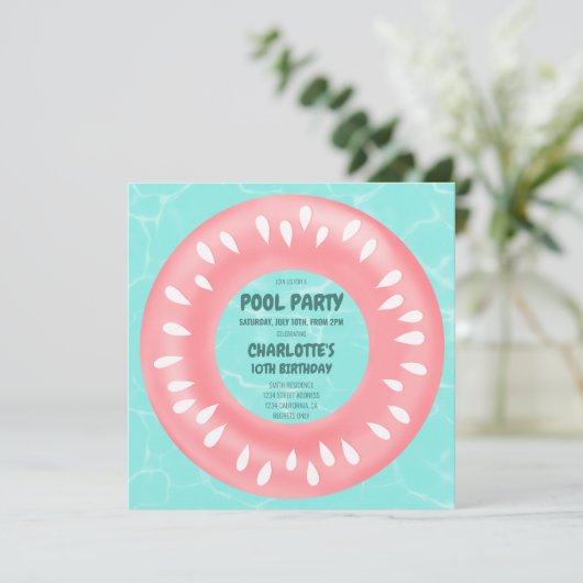おもしろいピンクのスイカのフロータープールパーティー誕生日 招待状 (スタンド正面)