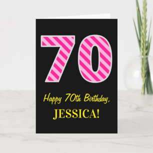 おもしろいピンクのストライプのな"70"; 幸せな第70誕生日; 名前 カード