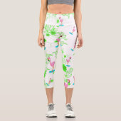 おもしろいピンクのフラミンゴと緑のつる植物 カプリレギンス (正面)