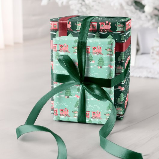 おもしろいピンクのヴィンテージ列車クリスマスツリー配信 ラッピングペーパーシート