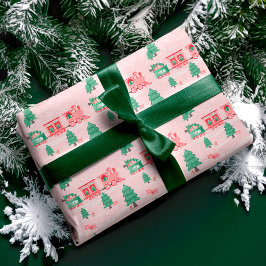 おもしろいピンクのヴィンテージ列車クリスマスツリー配信 ラッピングペーパー