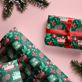 おもしろいピンクのヴィンテージ列車クリスマスツリー配信 ラッピングペーパー