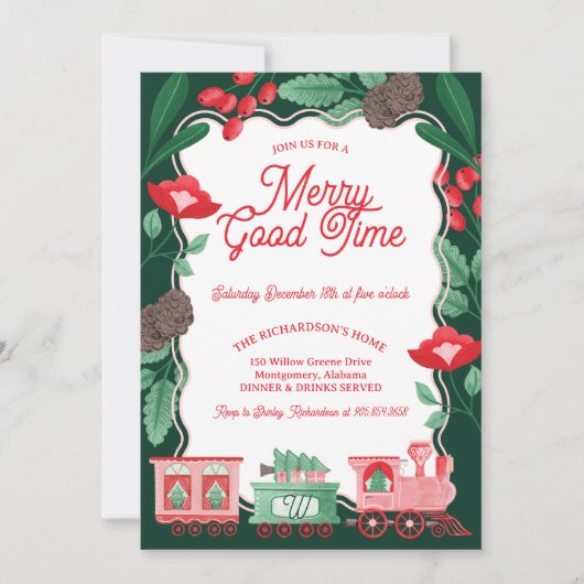 おもしろいピンクのヴィンテージ列車クリスマスツリー配信 招待状 (正面)
