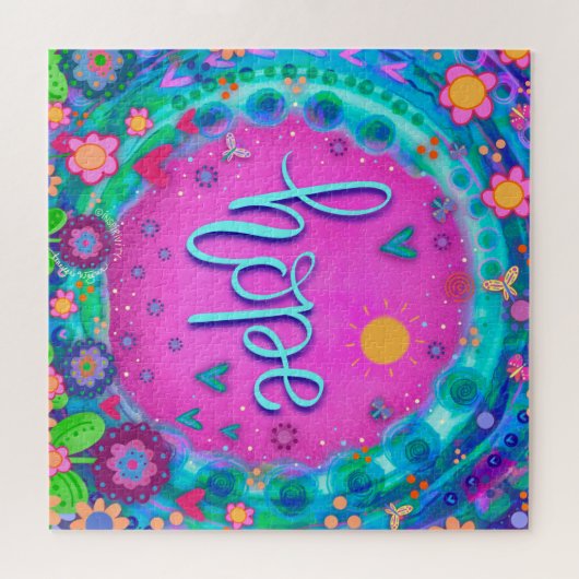 おもしろいピンクの希望ハート花かわいいインスピリチュアル ジグソーパズル (横)