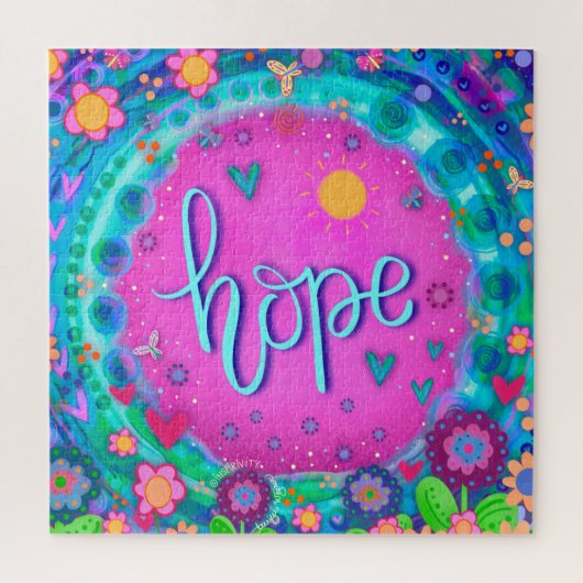 おもしろいピンクの希望ハート花かわいいインスピリチュアル ジグソーパズル (縦)