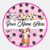 おもしろいピンクの背景かわいい子猫クラシックのルーン ラウンドシール (正面)