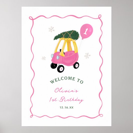 おもしろいピンクの車の女の子 1歳の誕生日ウェルカム ポスター (正面)