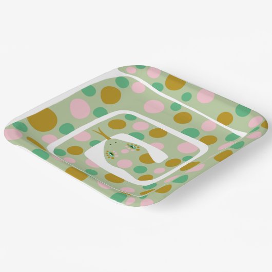 おもしろいピンクアンドグリーン抽象芸術ポルカ点々のあるスネーク ペーパープレート (傾斜あり)