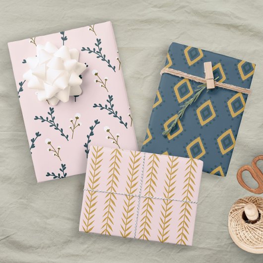 おもしろいピンクオレンジブルーフローラ幾何学模様 ラッピングペーパーシート