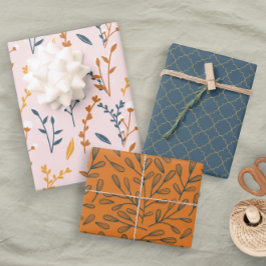 おもしろいピンクオレンジブルーフローラ幾何学模様 ラッピングペーパーシート