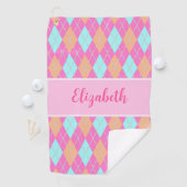 おもしろいピンクオレンジ名門私立校風のアーガイル名前をカスタムするレディース ゴルフタオル (インサイチュ)